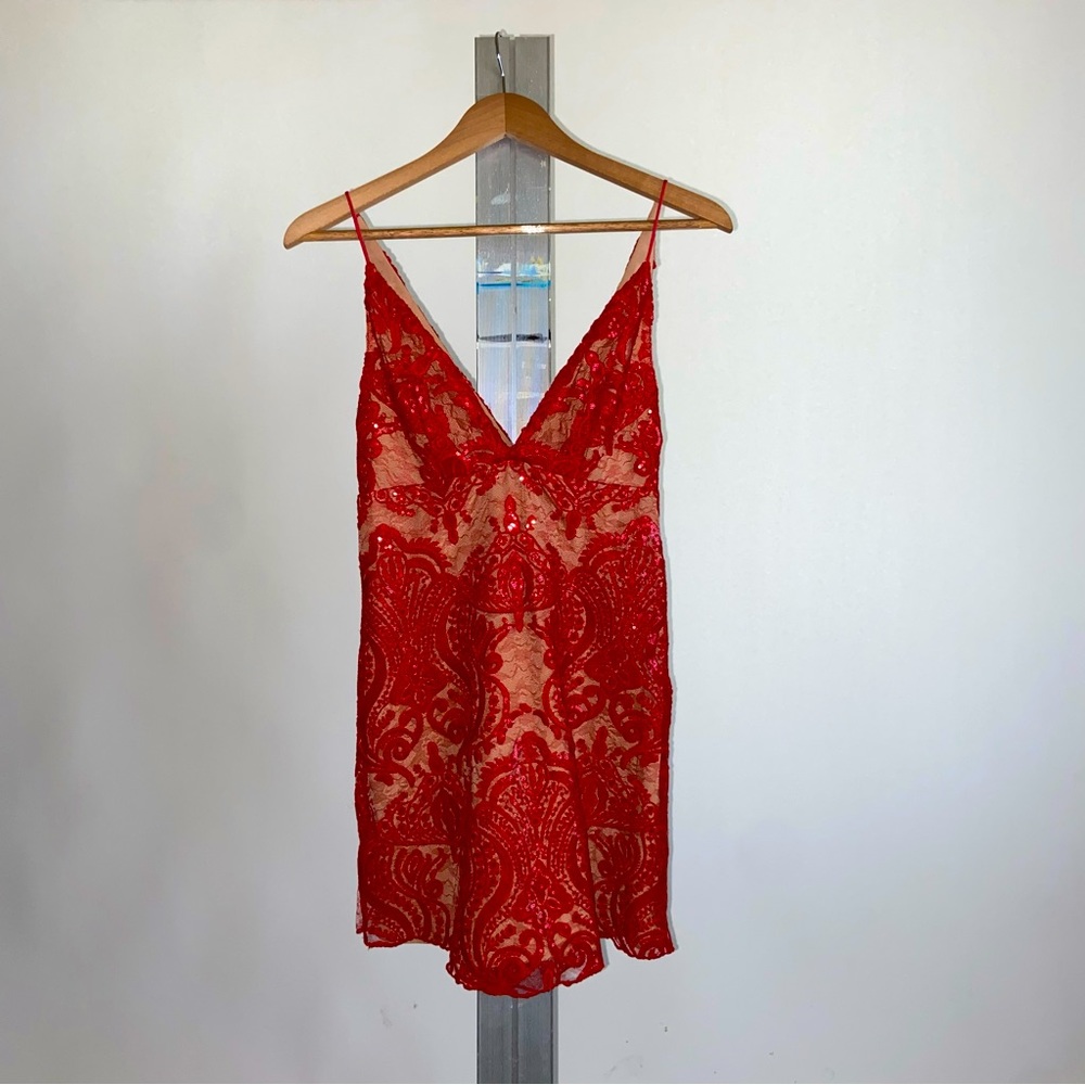 Free People Red Sequin Shift Mini Dress with Nude Liner